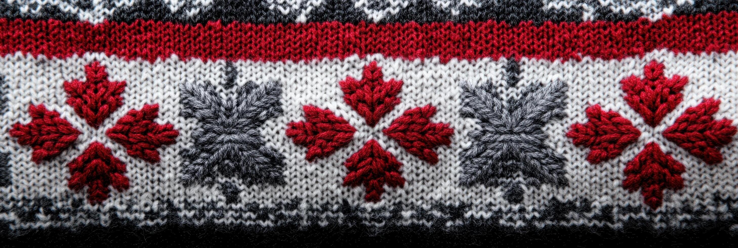 Knitted winter sweater pattern with red and gray snowflake design photo