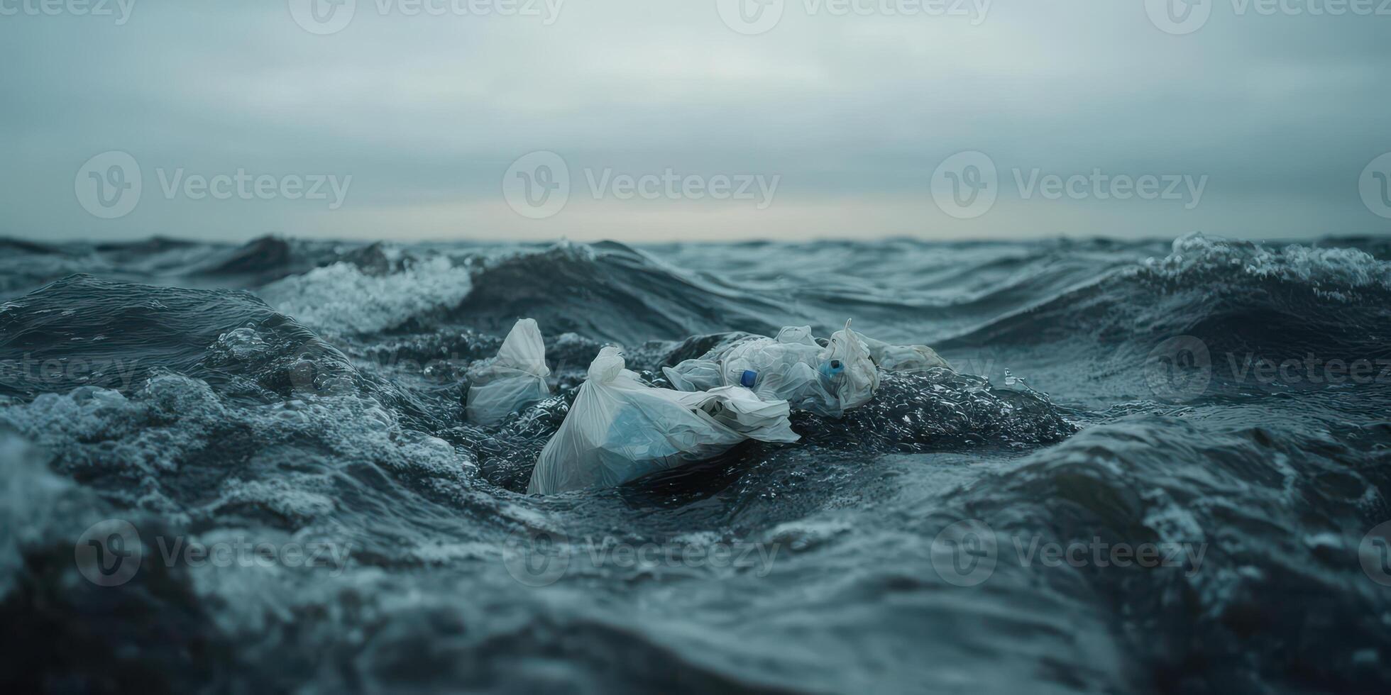 Ocean waves with floating plastic bags highlighting pollution concept photo