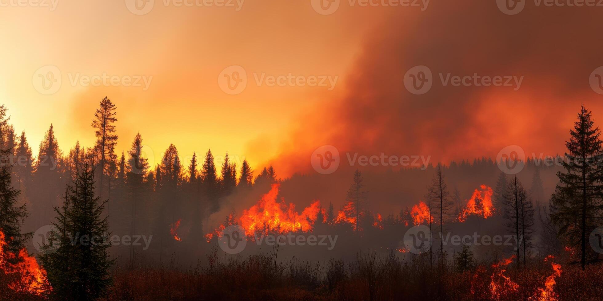 Intense forest fire in pine tree landscape with heavy smoke and bright flames photo