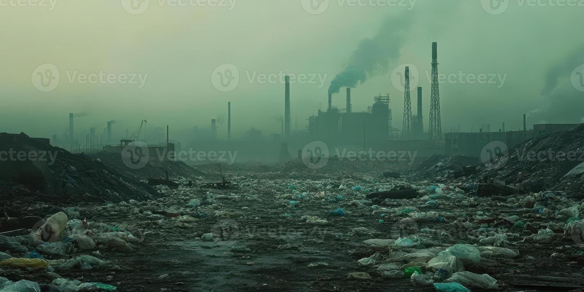 Industrial pollution scene with smoke and factory emissions in misty atmosphere photo