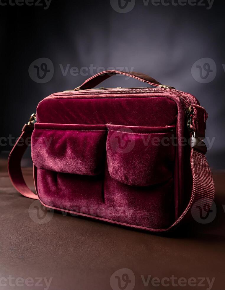 Burgundy velvet bag with pockets photo