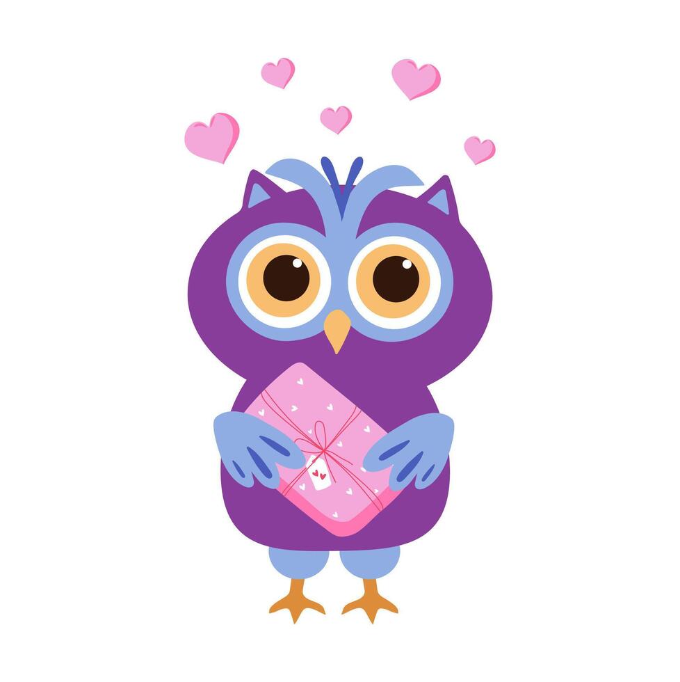 Cartoon owls with a gift and hearts. Cute bright alowl. Design of a postcard, invitation for Ventine's Day, birthday, wedding. vector