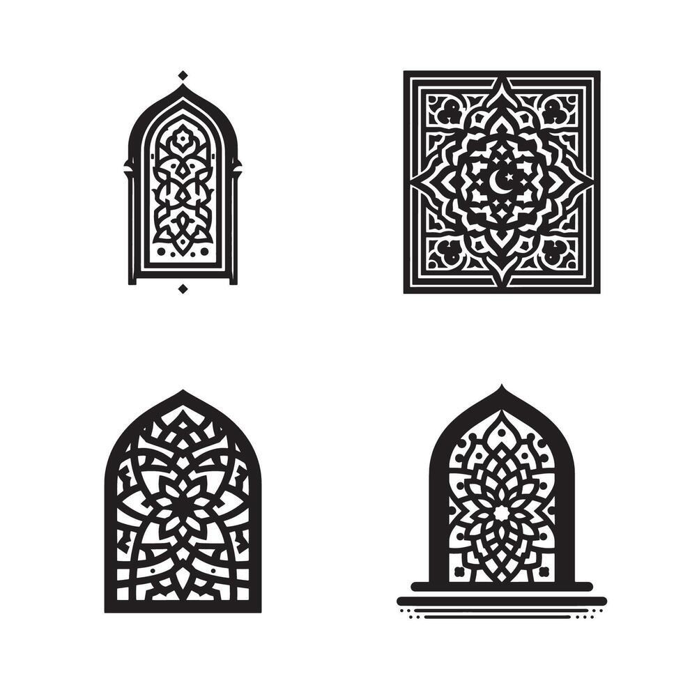 Elegant Islamic Window Design Silhouette Illustration Set with Geometric Patterns vector