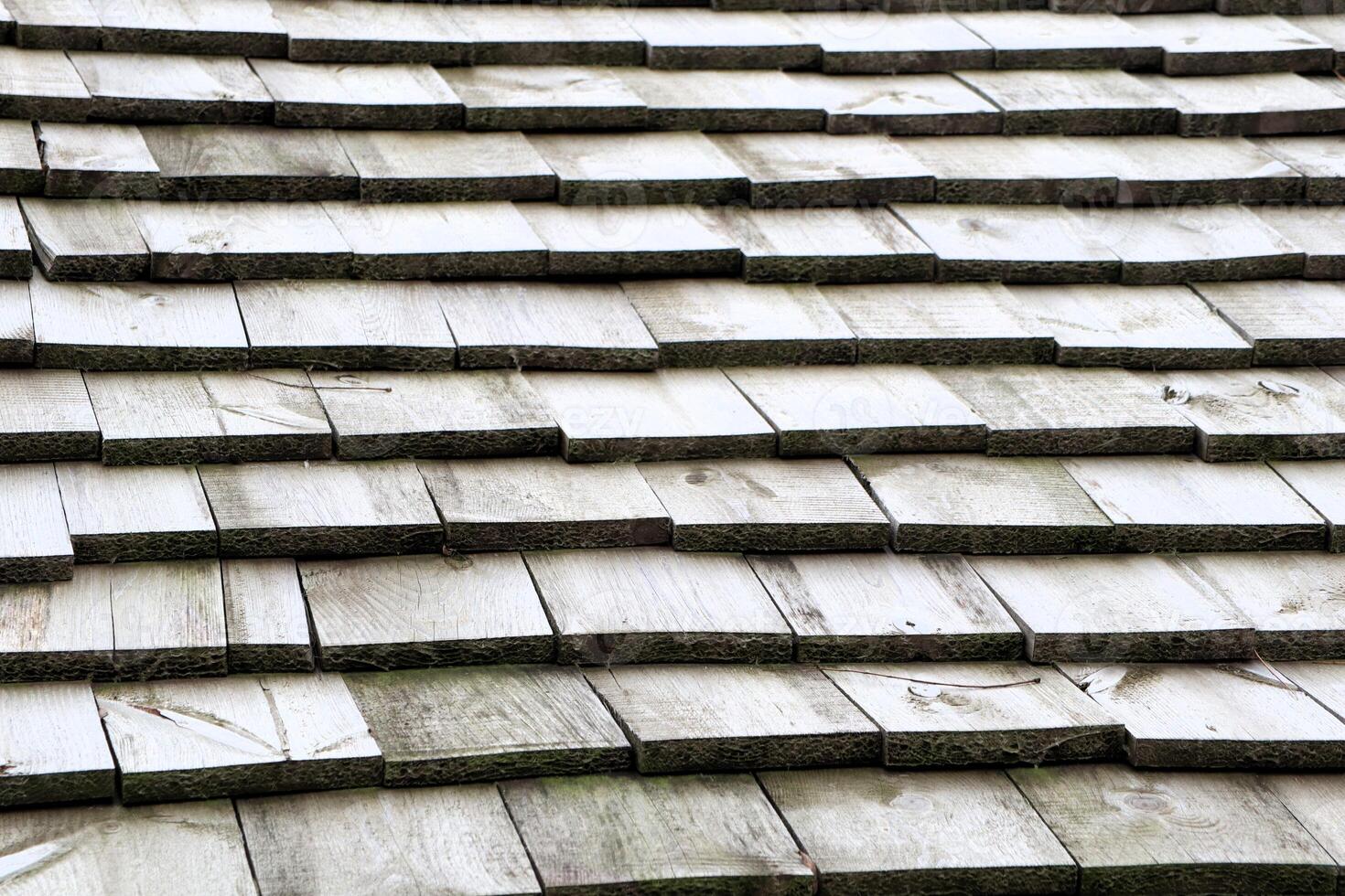 A CloseUp View of Weathered Wooden Shingle Roof Tiles Showcasing Their Rich Texture and History photo