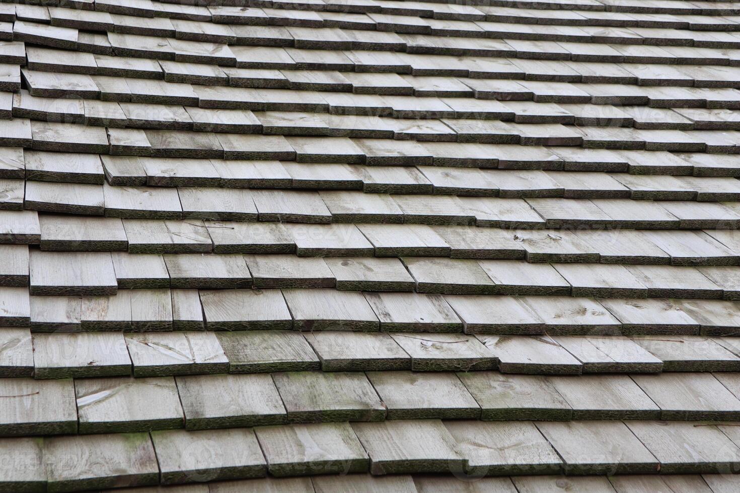 Weathered Wooden Roof Shingles Perfectly Suited for Rustic Architectural Design and Style photo