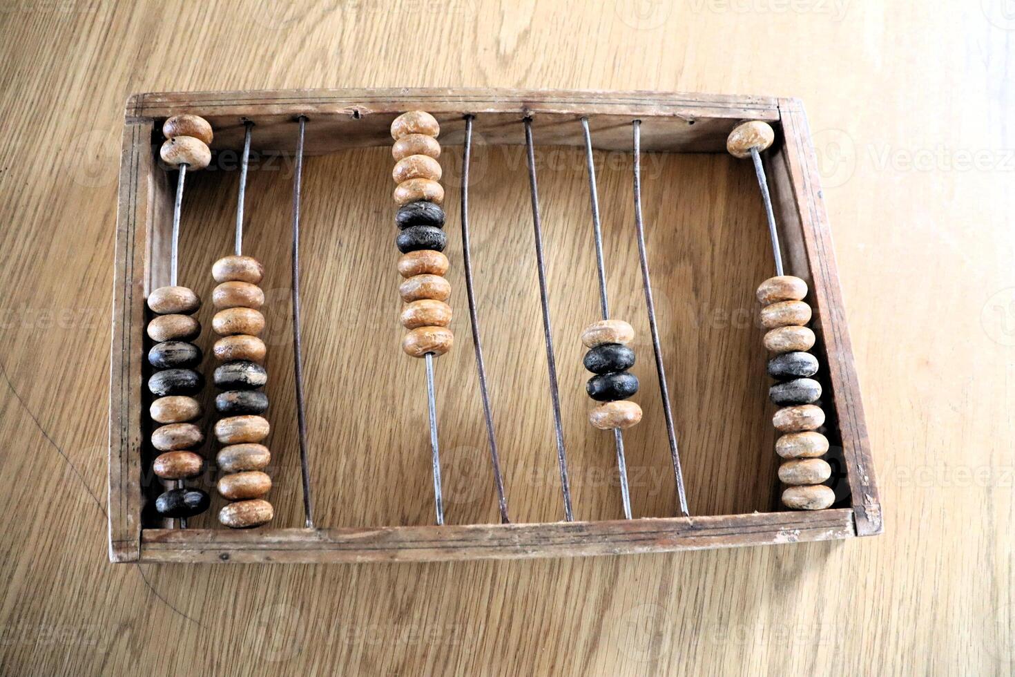 A Wooden Abacus is elegantly displayed on a Wooden Table, highlighting its charm and utility photo