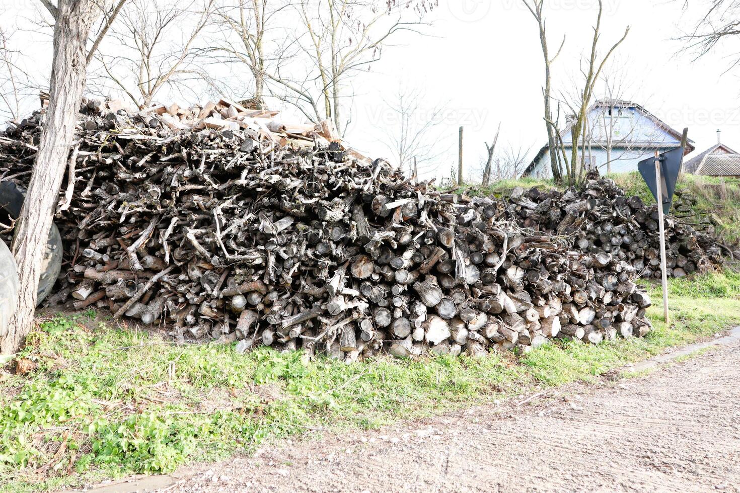 Piled Firewood Neatly Arranged Near a Gravel Pathway in a Misty and Beautiful Landscape photo
