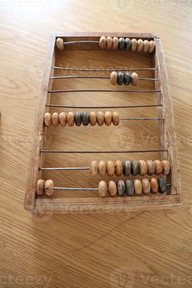 A classic wooden abacus sits beautifully displayed on a tabletop for all to see photo