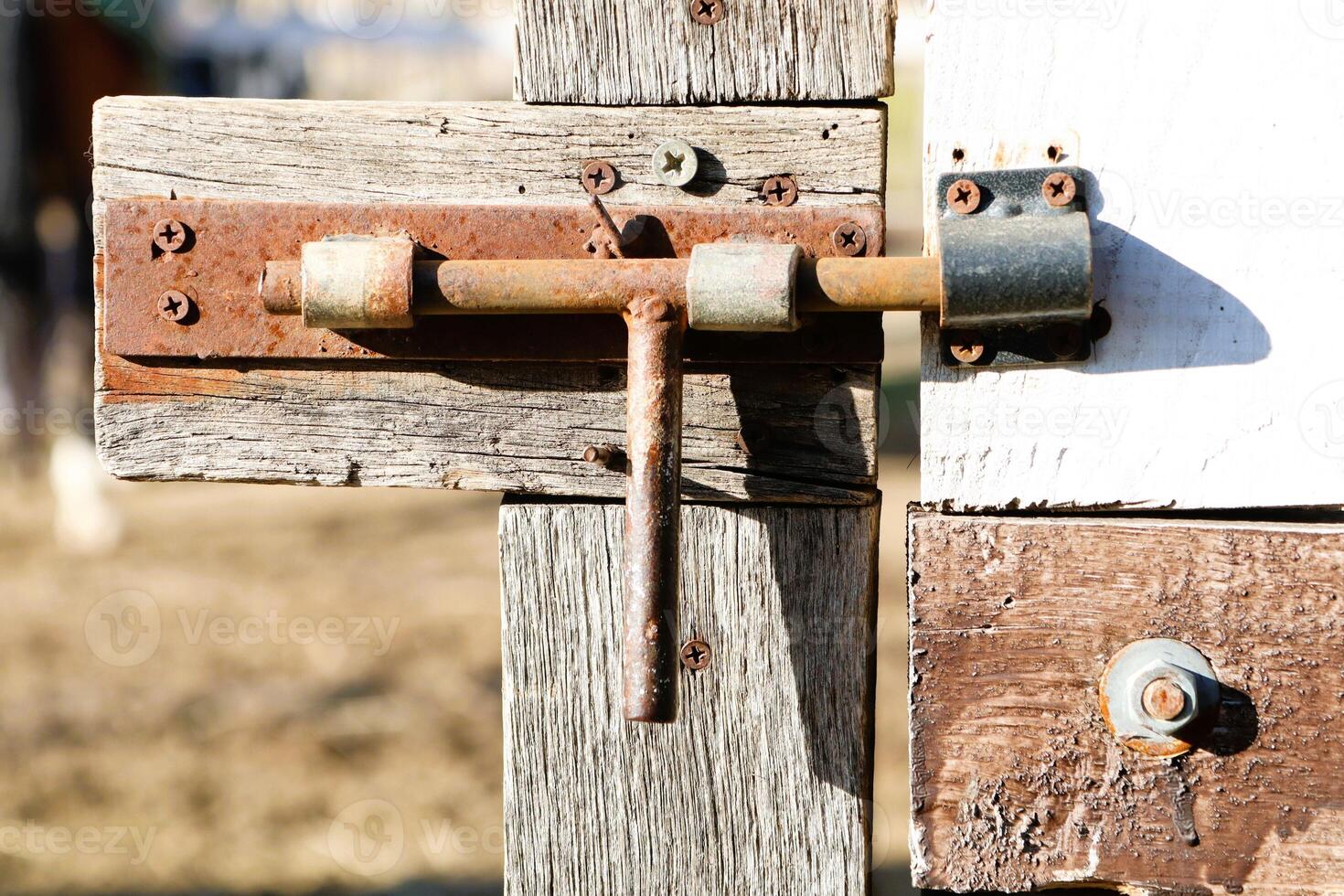 A Rustic Lock Mounted on a Weathered Wood Gate, Evoking a Sense of Timeless Charm and Character photo