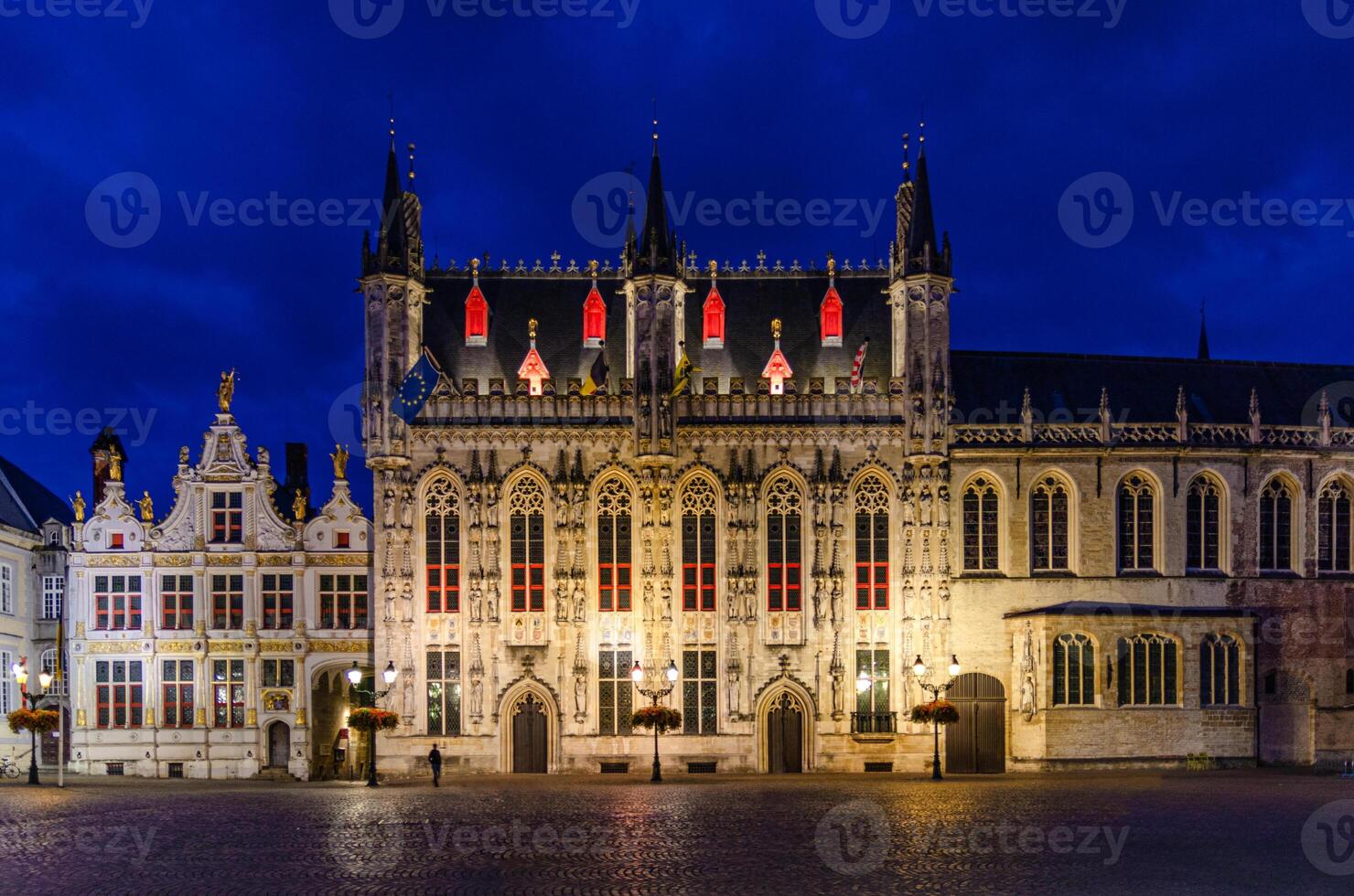 Brugse Vrije palace and Old Civil Registry Liberty of Bruges, Bruges City Hall Stadhuis van Brugge and Basilica of Holy Blood on Burg Square in Brugge old town city centre, Flemish region, Belgium photo