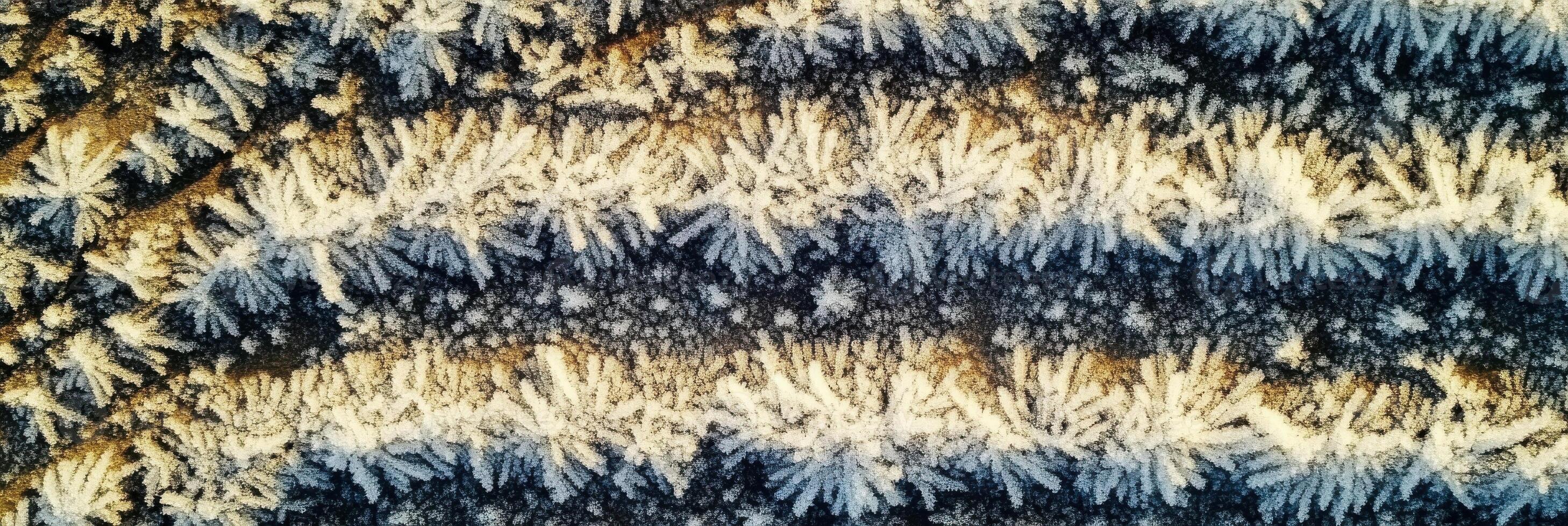 Frosty pattern on a windowpane featuring intricate ice crystals and winter texture photo