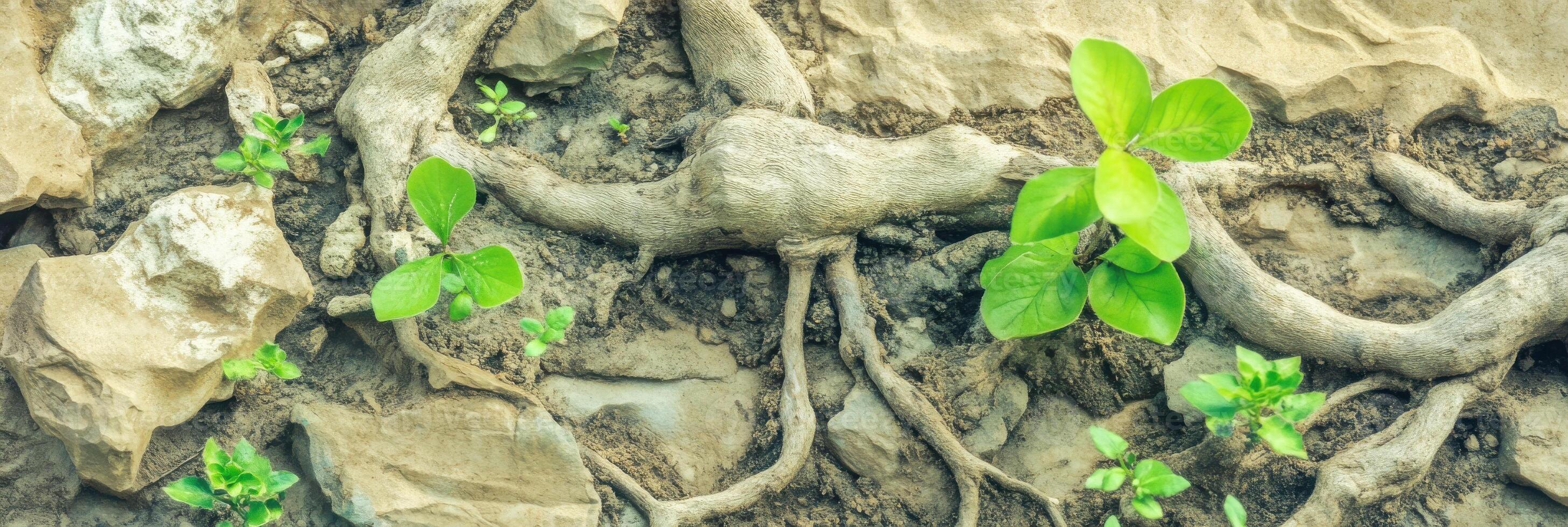 Natural growth of vines and green leaves on rustic stone surface photo