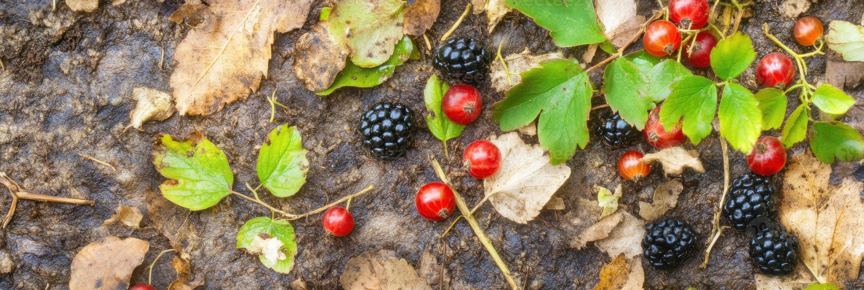 Fresh blackberries and red berries with autumn leaves in forest setting photo