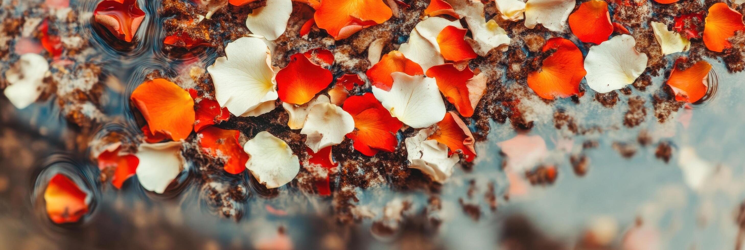 Vibrant orange and white rose petals floating on water in closeup perspective photo