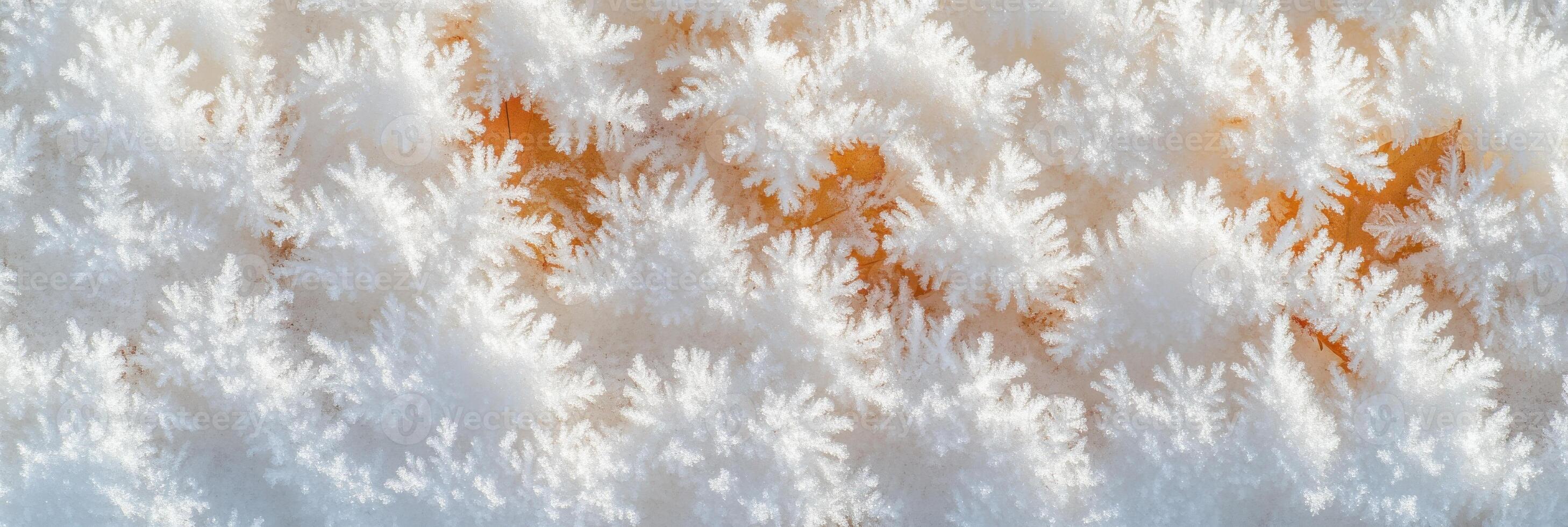 Frost patterns resembling delicate ice crystals on orange surface. photo