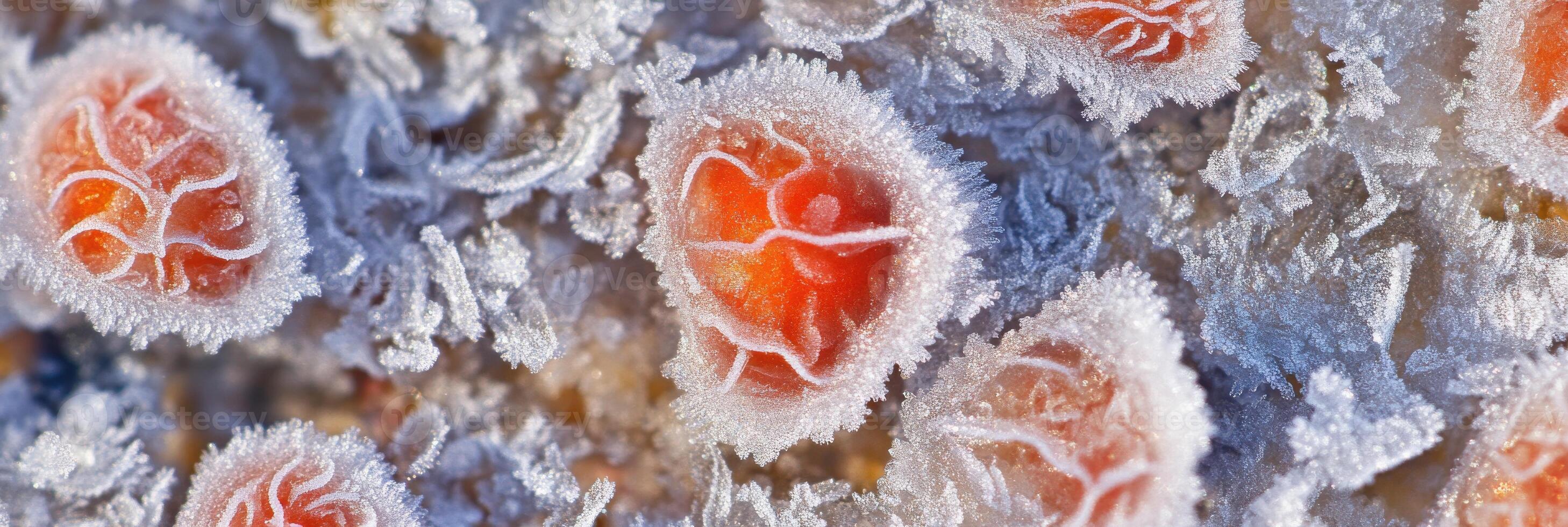 Macro view of frost covered red berries in crystal ice patterns in winter photo