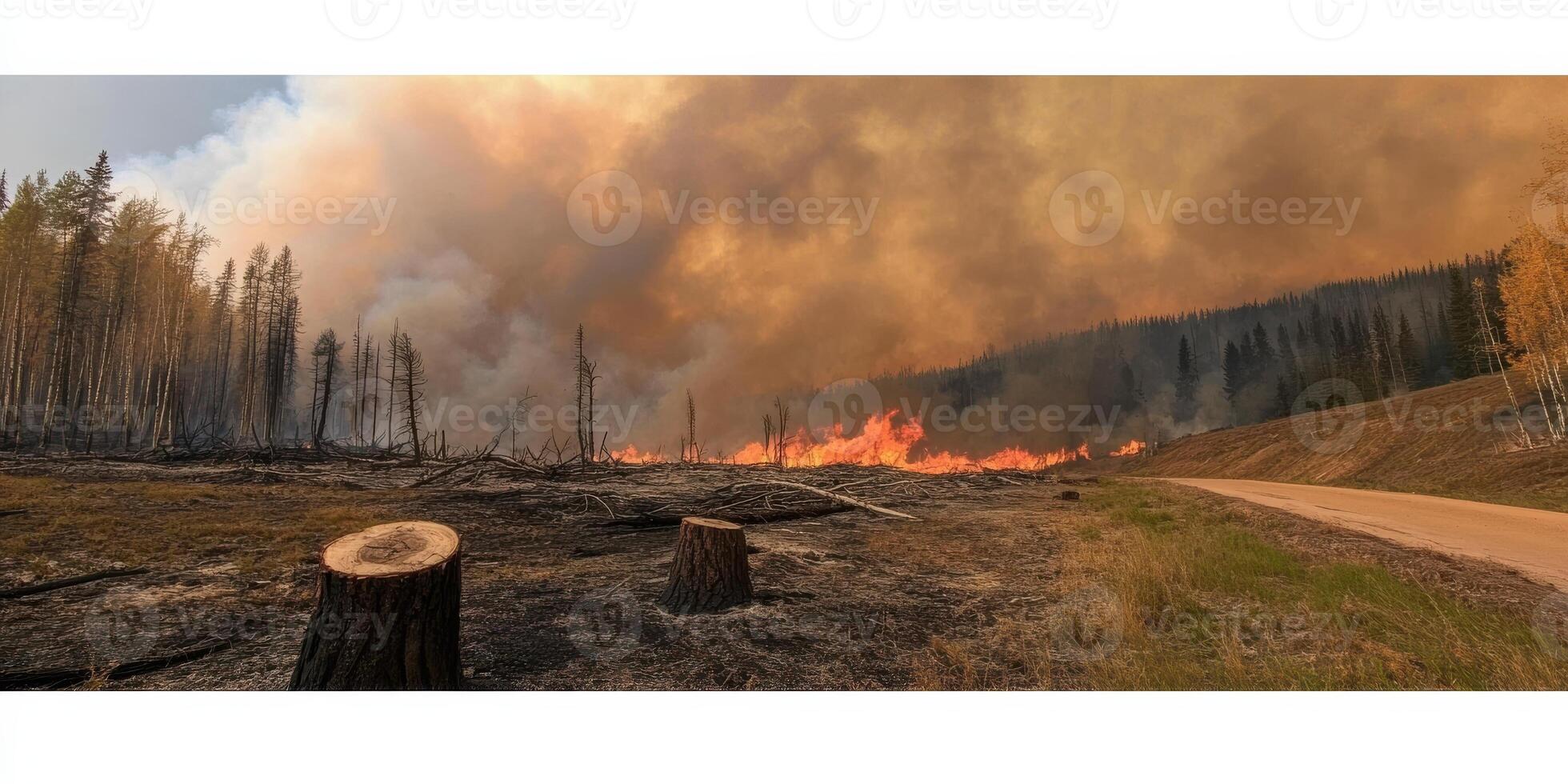 Intense forest fire with thick smoke and flames in woodland area photo