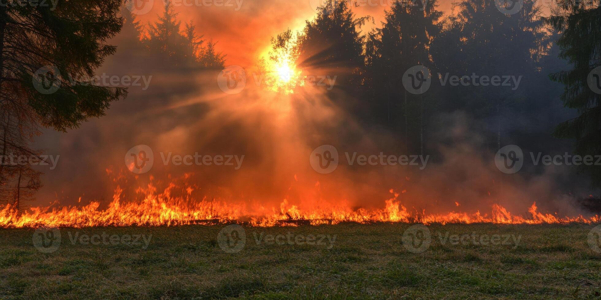Intense forest fire with fiery flames and smoke under glowing sun in the wilderness photo