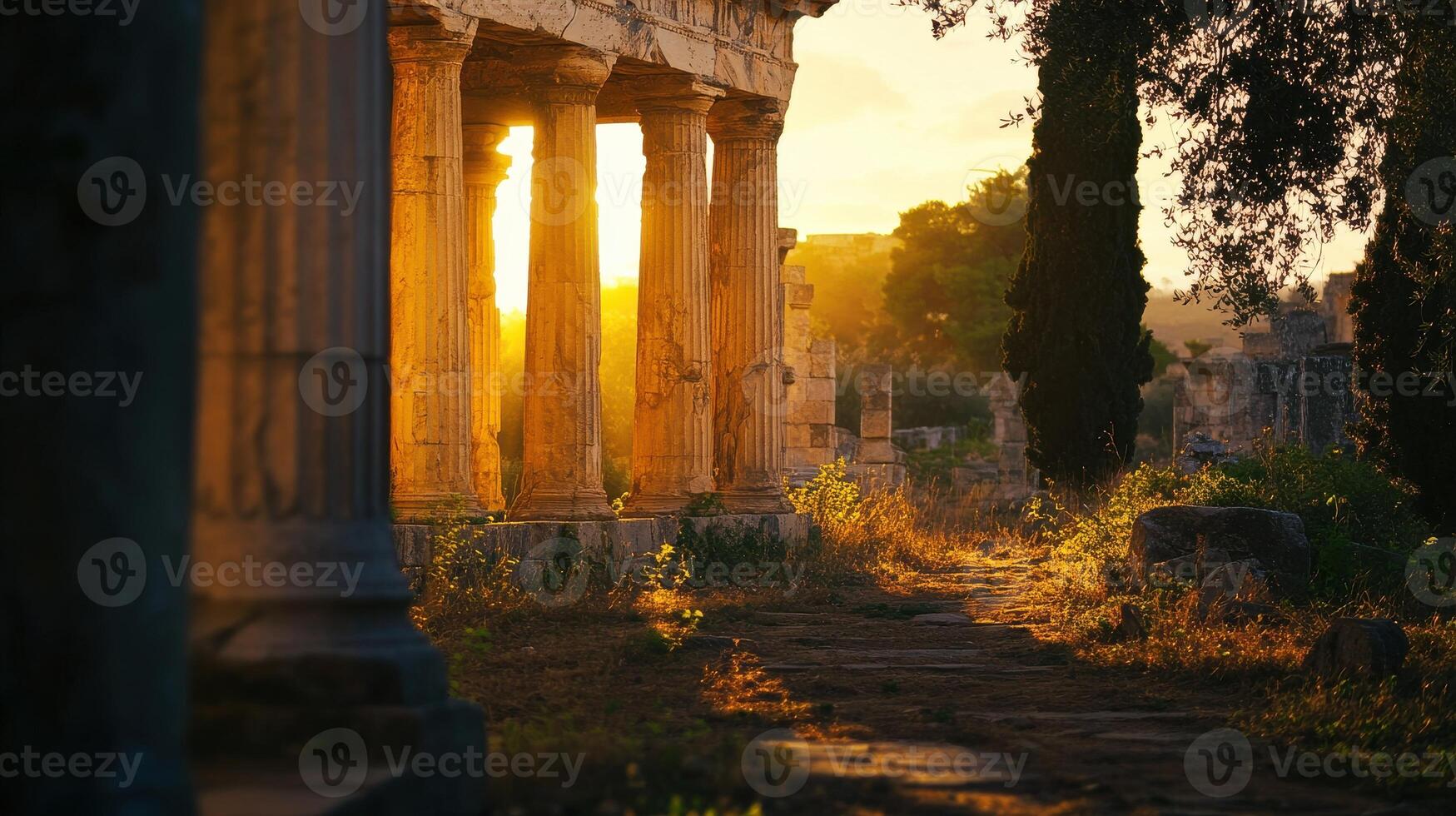 Ancient ruins with sunlight shining through classic columns at sunset photo