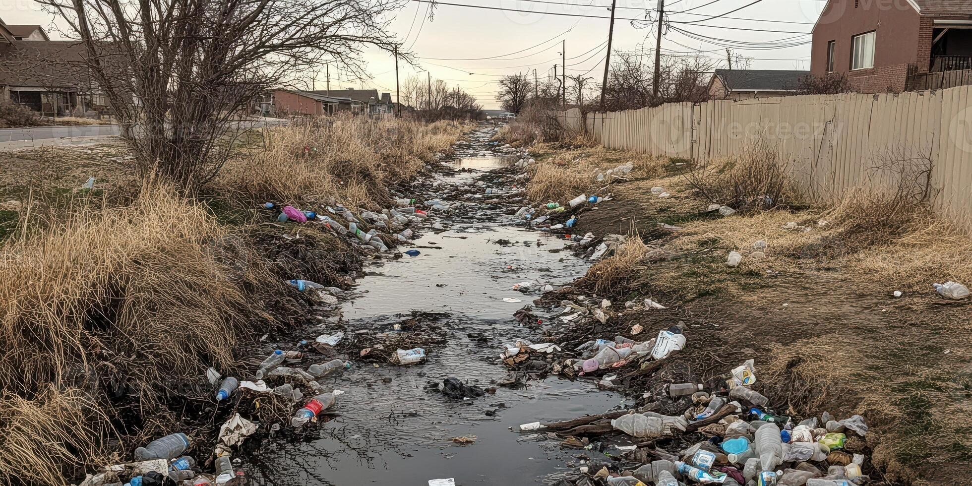 Polluted urban waterway filled with trash and debris highlighting environmental challenges photo