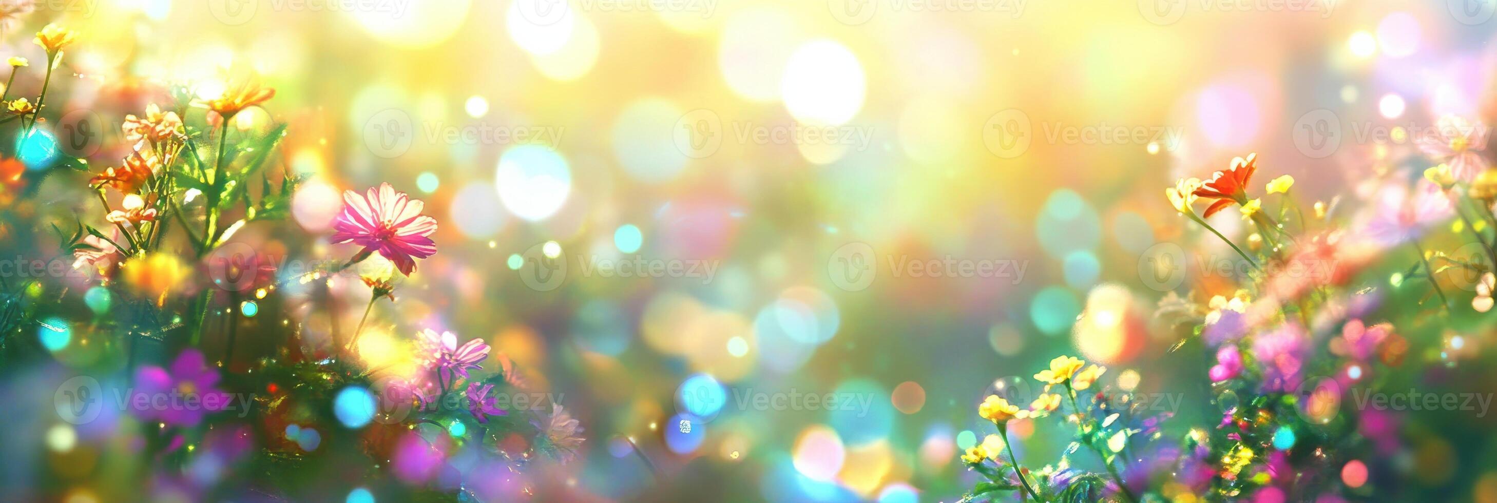 Colorful wildflower meadow with bright sunlight and bokeh effect photo