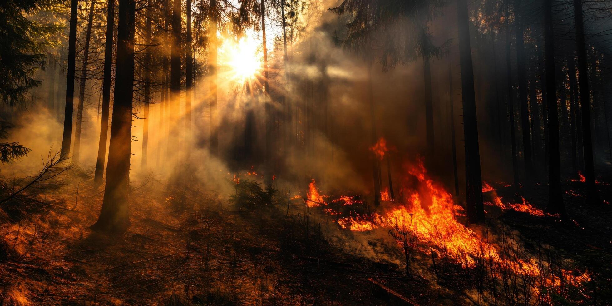 Intense forest fire raging at sunset creating dramatic light and shadow effects photo
