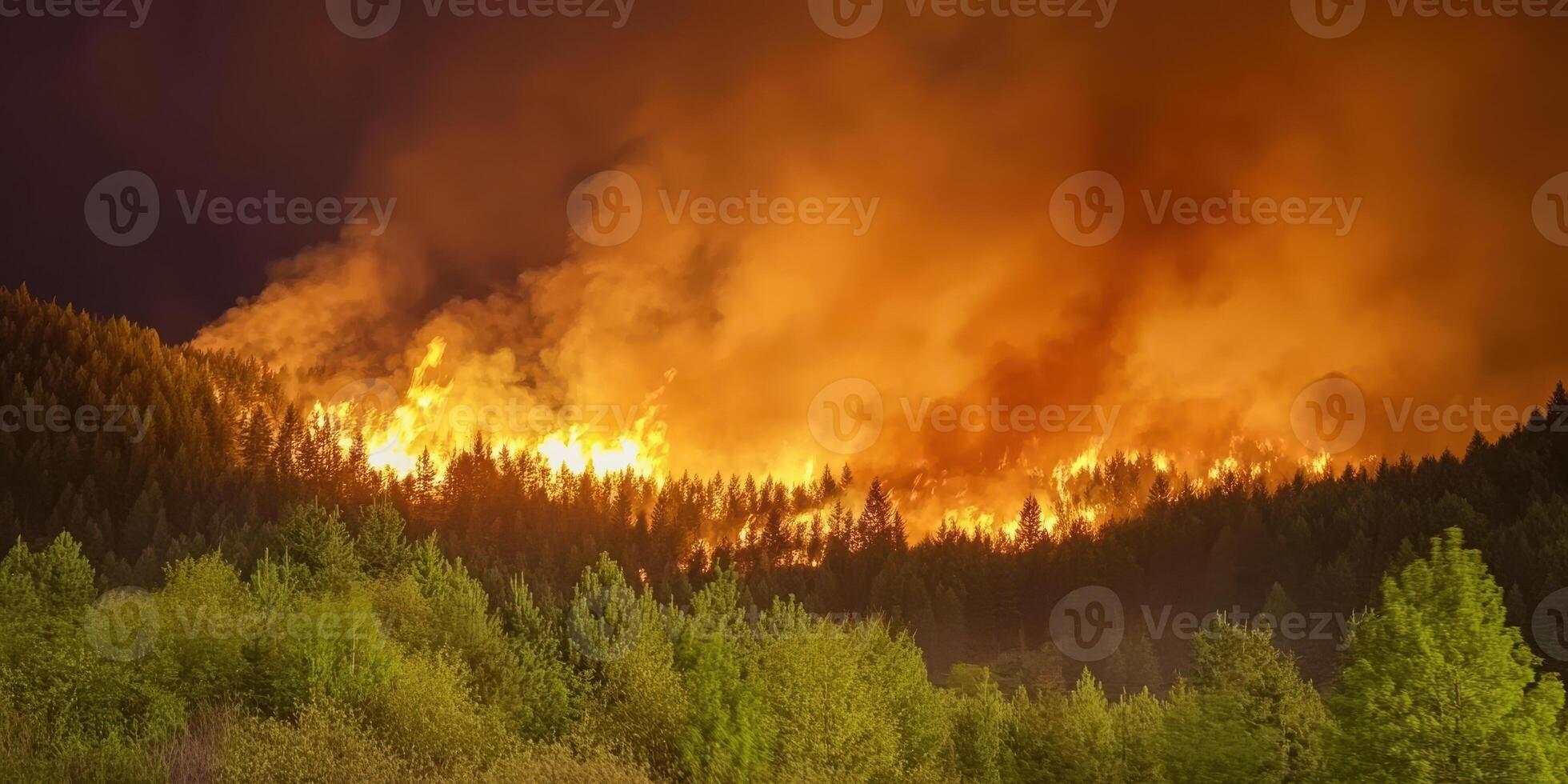 Intense forest wildfire with smoke and flames engulfing the trees at night photo