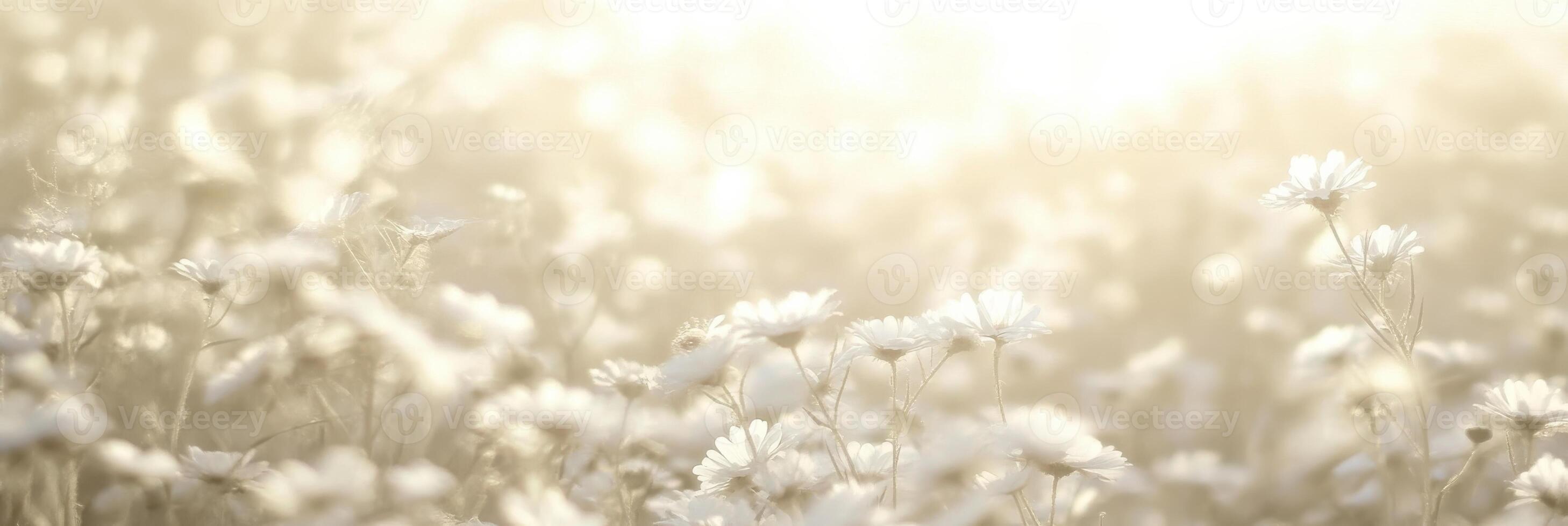 Sunlit field of white daisies in bloom during golden hour captured in soft focus photo