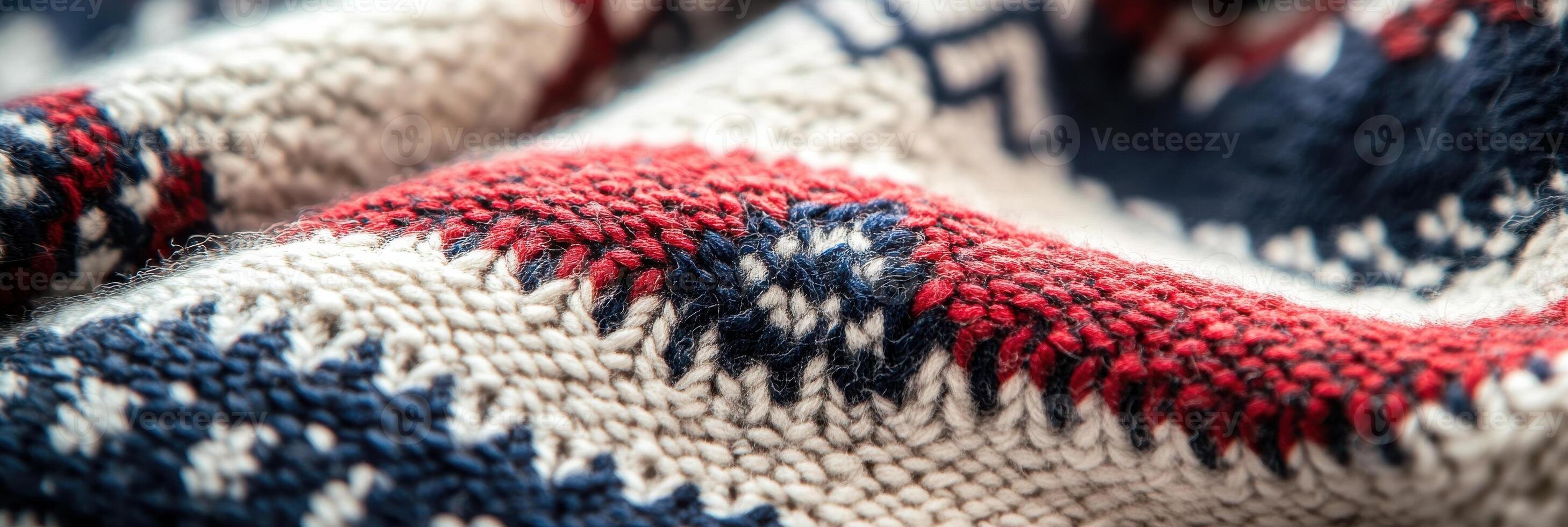 Cozy wool fabric with red white blue pattern and knitted texture for winter warmth photo