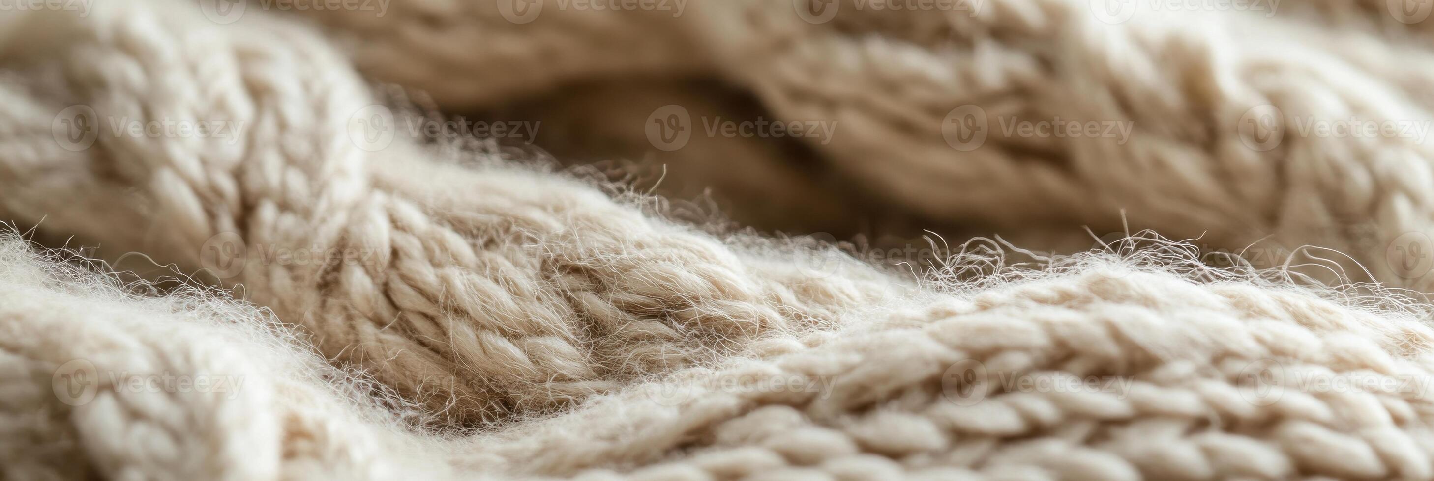 Close-up of soft beige wool fibers knitted into cozy texture pattern photo