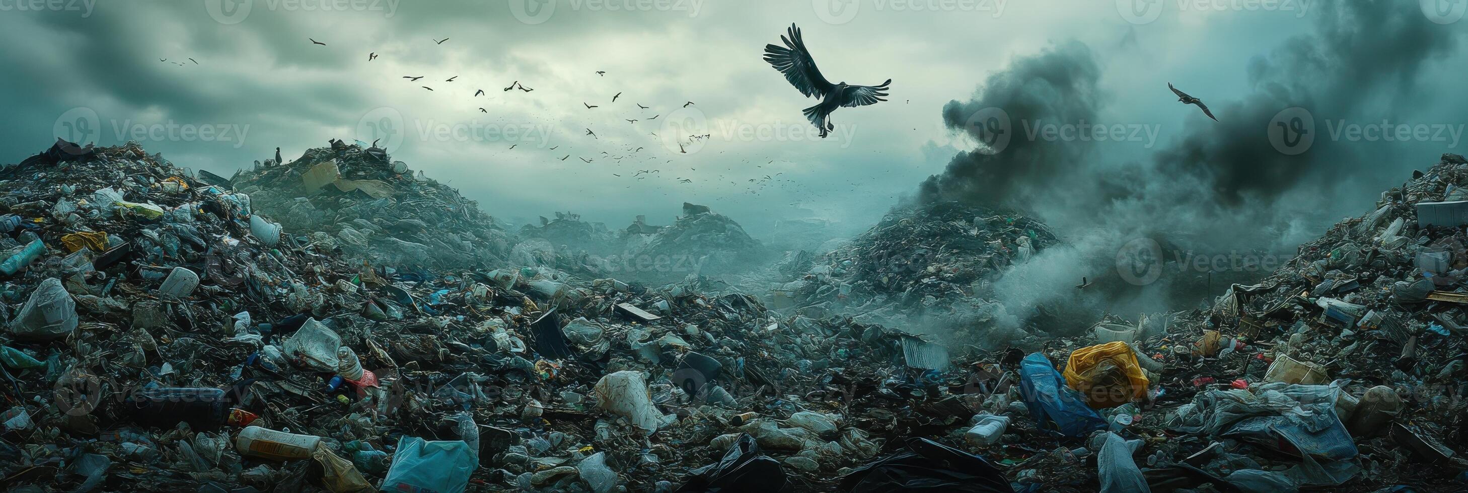 Expansive landfill landscape with birds overhead and dark smoke in overcast sky photo