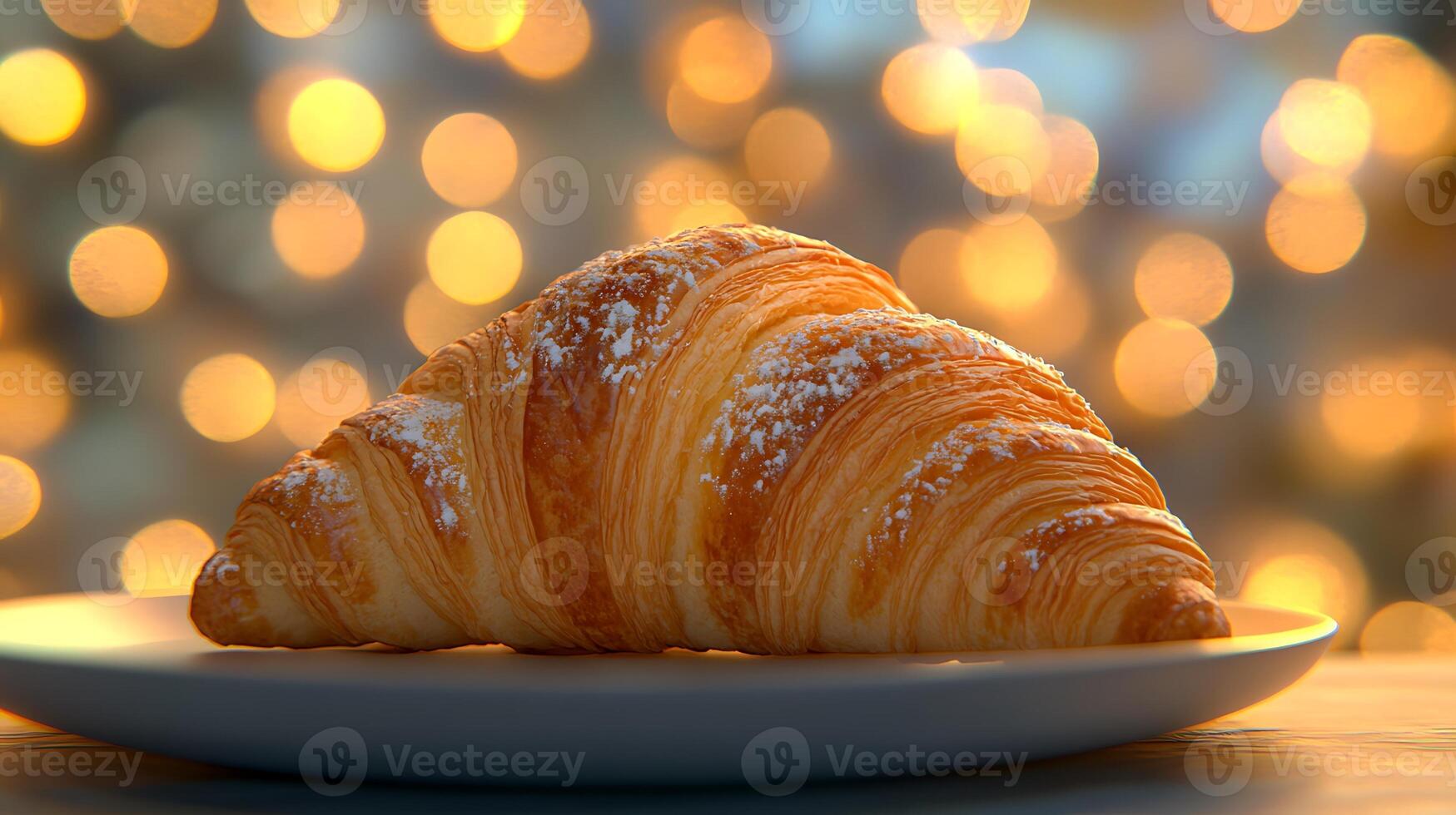 Studio close-up of croissant, plated beautifully with bokeh backdrop photo