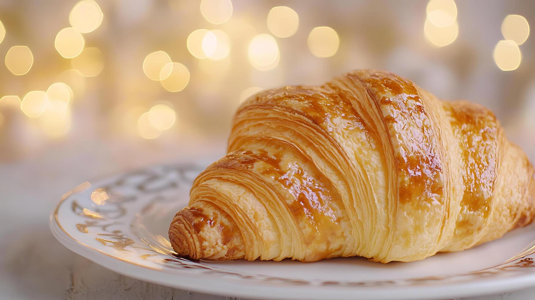 Croissant close-up, artful plate setting and bokeh in background photo