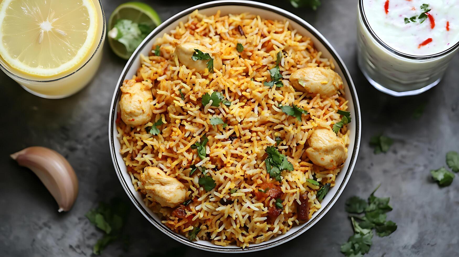 Biryani flat lay served with creamy raita and lemonade drink pairing photo