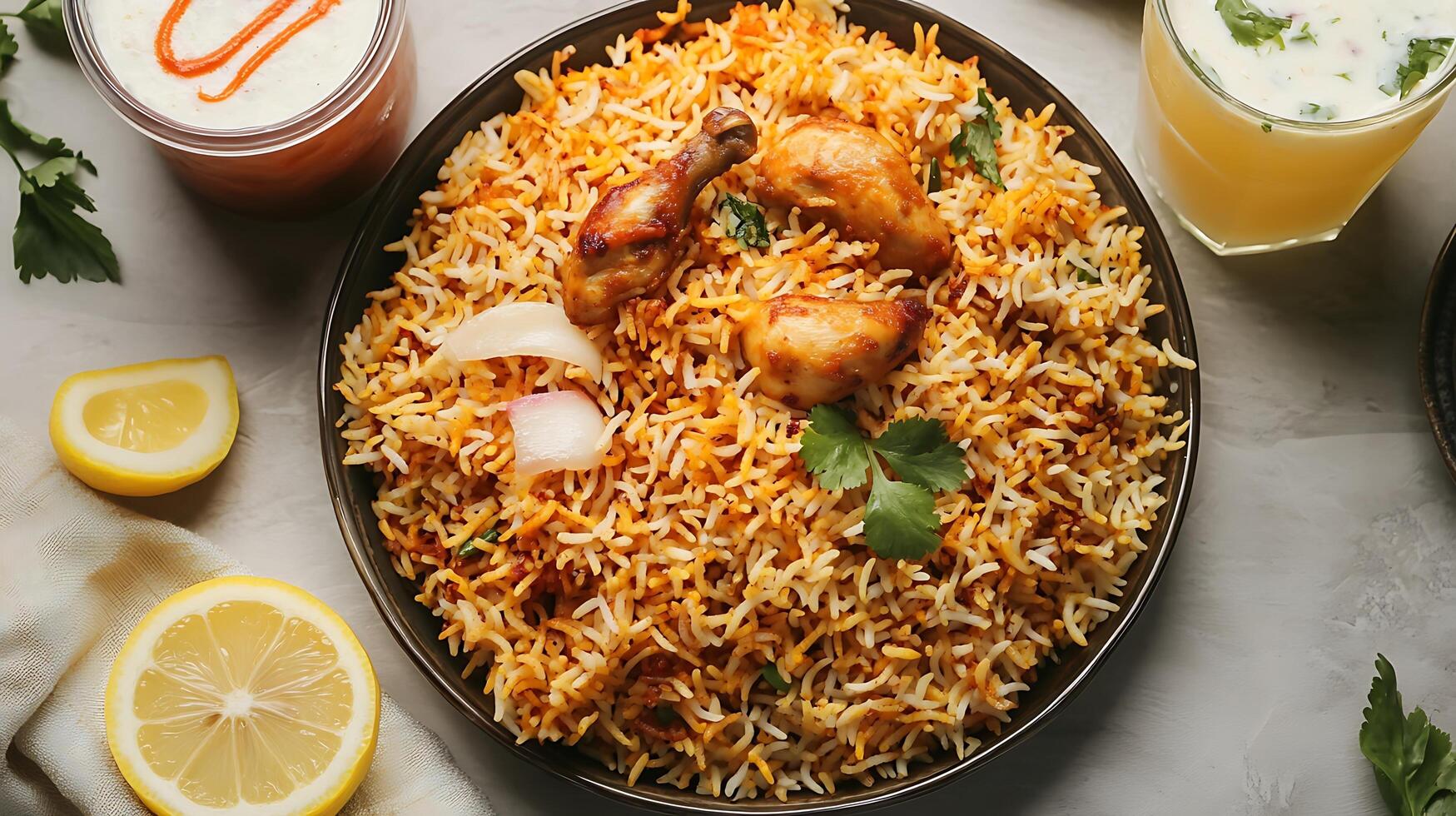 Vibrant biryani plate with chicken biryani, raita, and refreshing drink photo