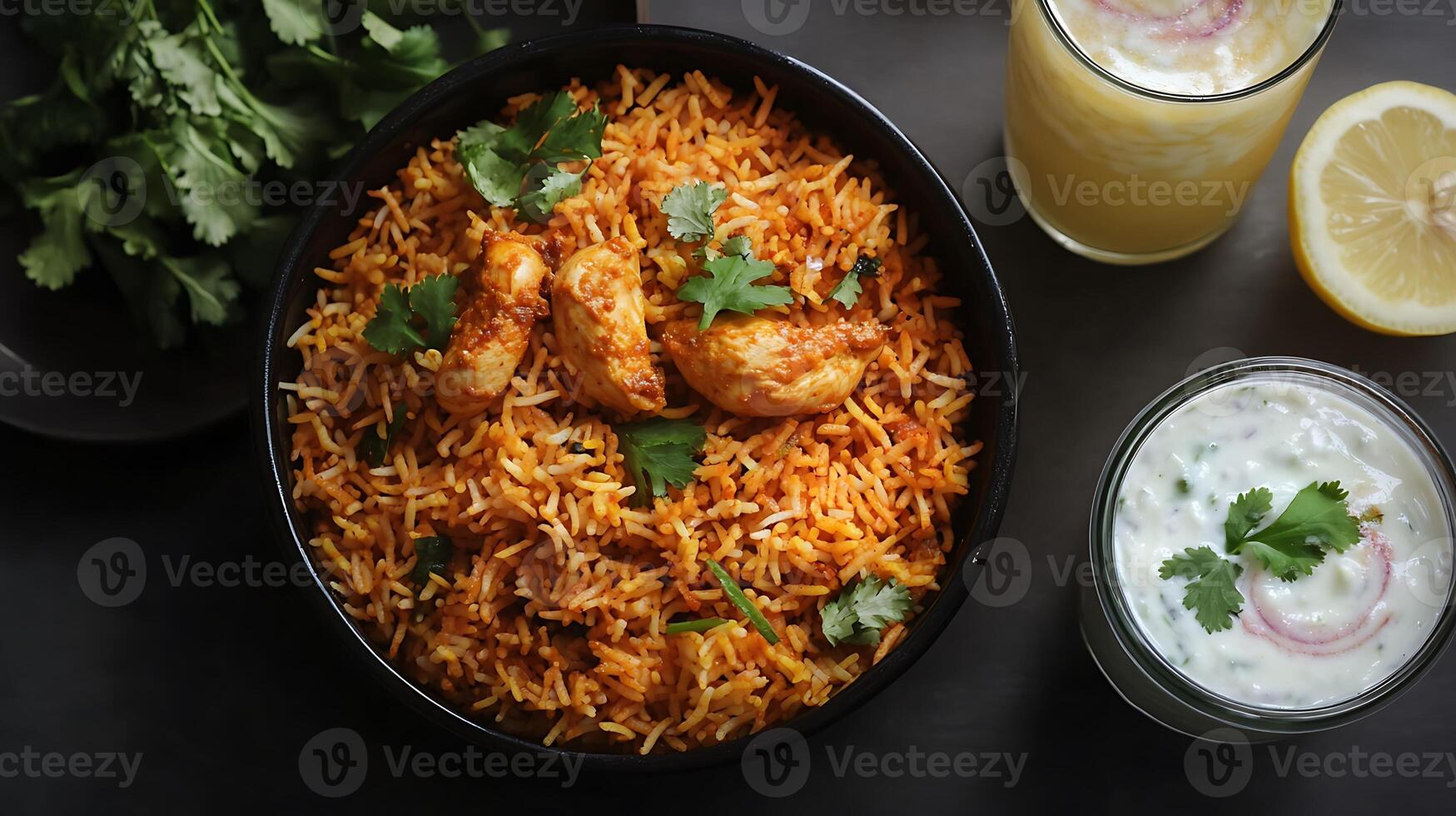 Top view of biryani with flavorful sides of raita and lemonade drink photo