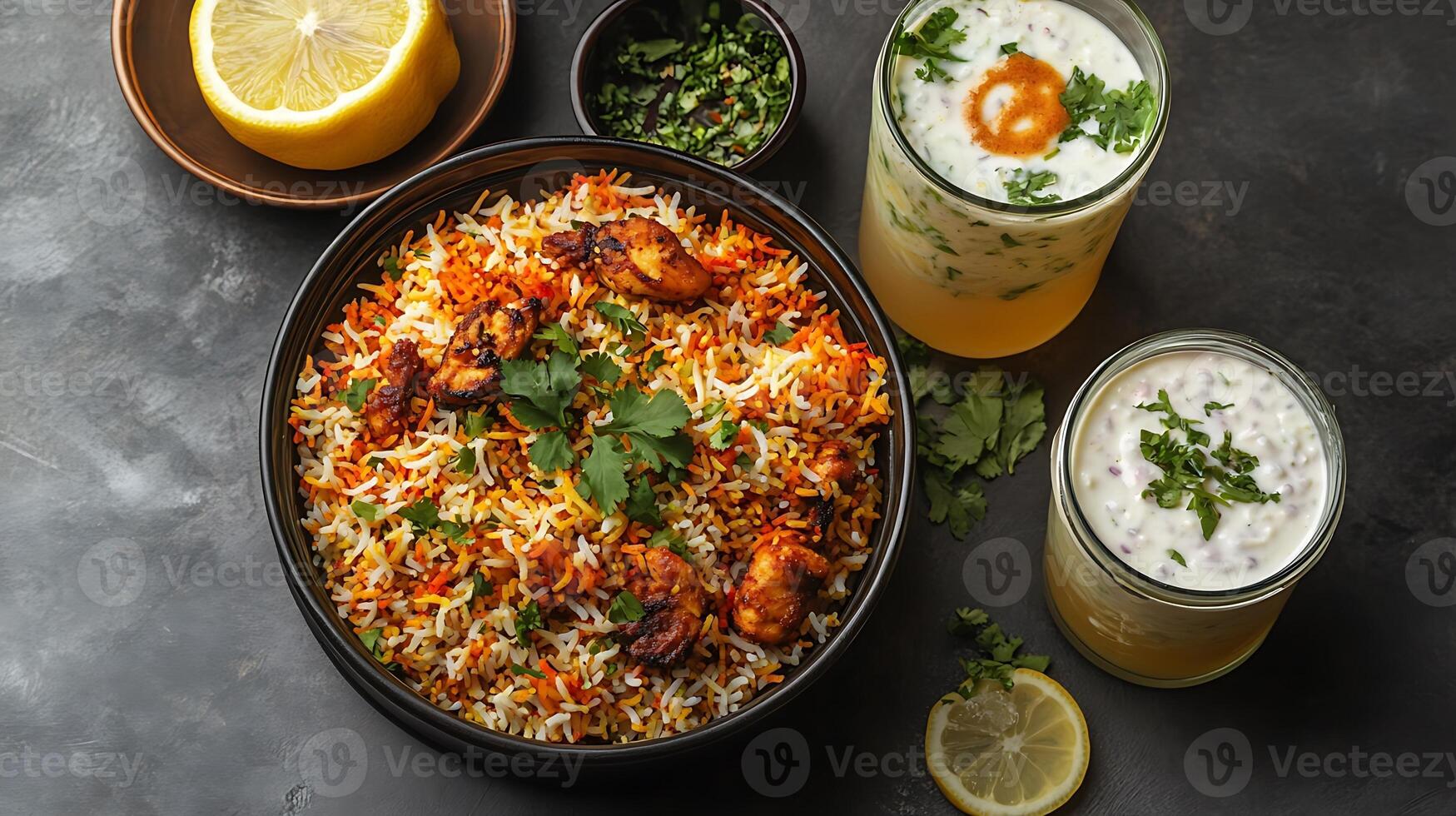 Fragrant biryani close-up with chicken biryani, raita, and lemonade drink photo