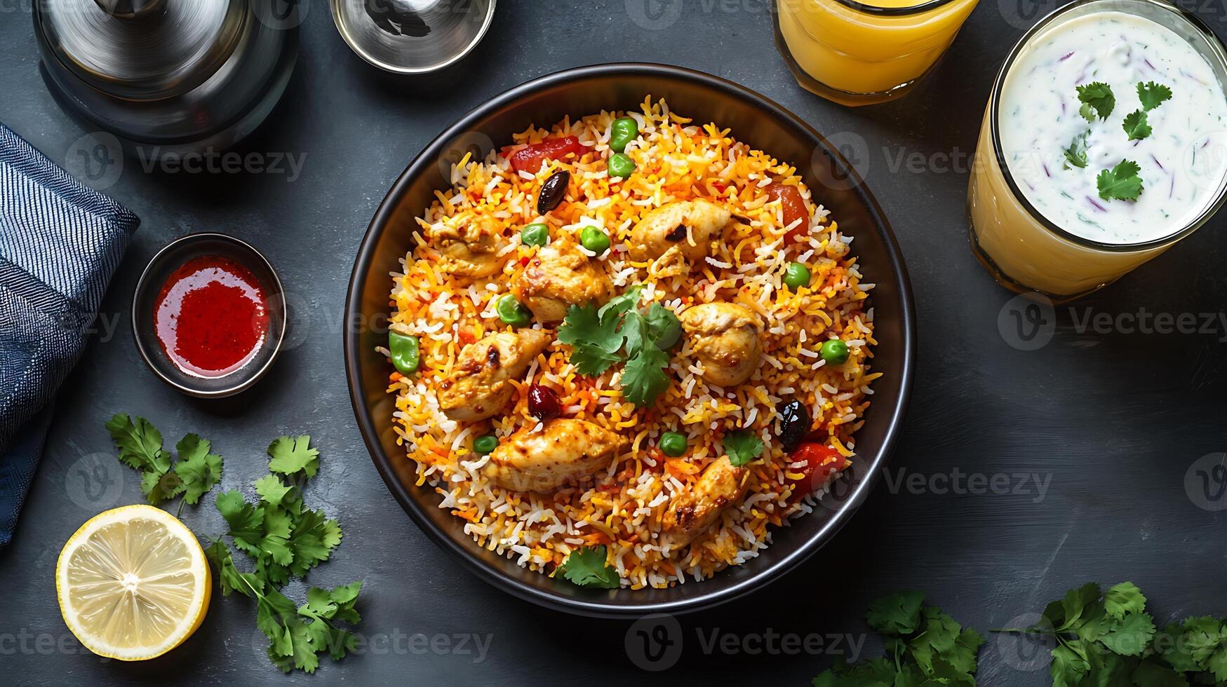 Top view of biryani with chicken biryani, raita, and lemonade drink photo