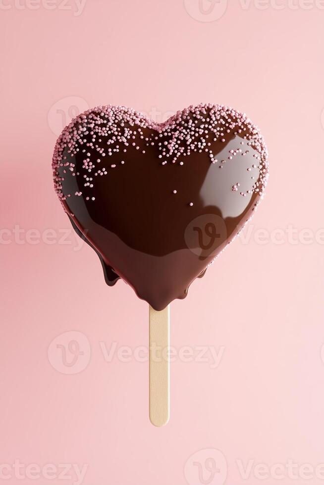 A delicious heart-shaped ice cream bar coated in glossy chocolate and topped with colorful sprinkles, set against a soft pink gradient background perfect for sweet occasions photo