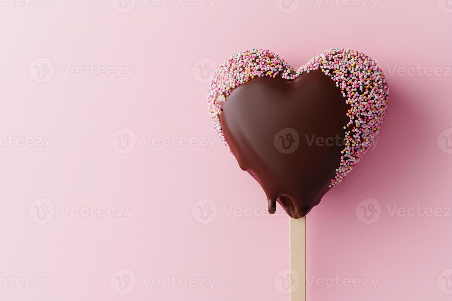A heart-shaped ice cream bar is dipped in chocolate and covered with colorful sprinkles. The soft pink gradient background enhances its delightful and romantic essence, perfect for sweet moments photo