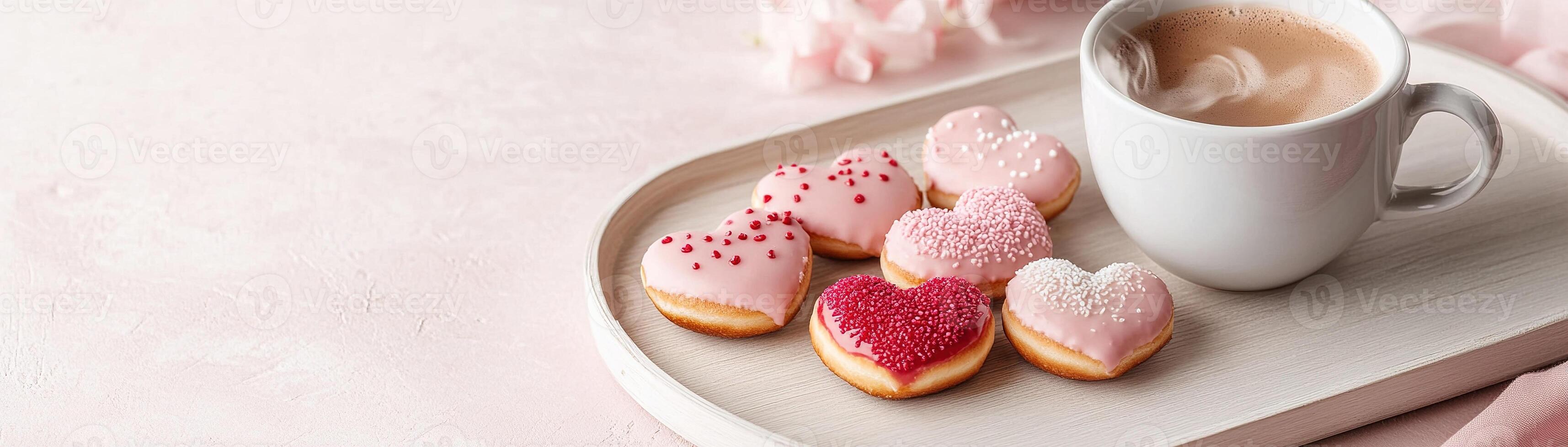 Mini heart-shaped donuts in pink, red, and white icing sit beside a steaming cup of coffee on a light wooden tray. The pastel gradient background adds a cheerful touch, perfect for morning enjoyment photo