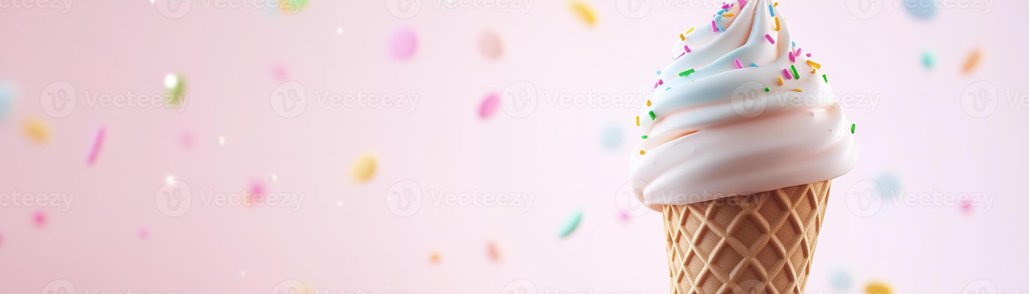 A waffle cone displays a swirl of soft-serve ice cream in pastel shades of pink, blue, and yellow, adorned with vibrant sprinkles. The cheerful design is set against a soft gradient backdrop photo
