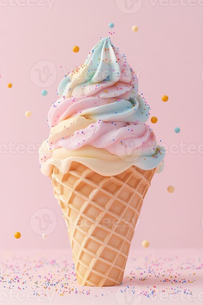 A delightful waffle cone filled with a swirl of pastel-colored soft-serve ice cream, topped with vibrant sprinkles, set against a soft pink background that invites indulgence and joy photo
