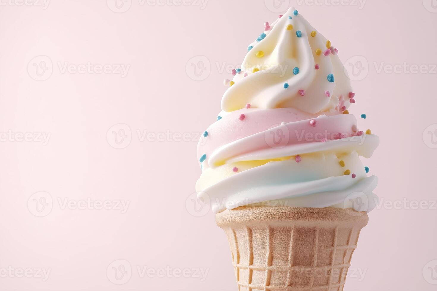 A waffle cone holds a delightful swirl of soft-serve ice cream in pink, blue, and yellow hues, topped with vibrant sprinkles, set against a cheerful pastel backdrop photo