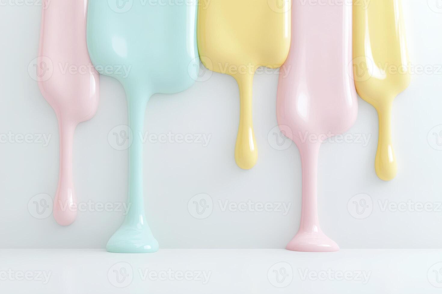 Glossy pastel ice cream drips in pink, mint, and yellow flow down a sleek white surface, creating modern and artistic vibes photo
