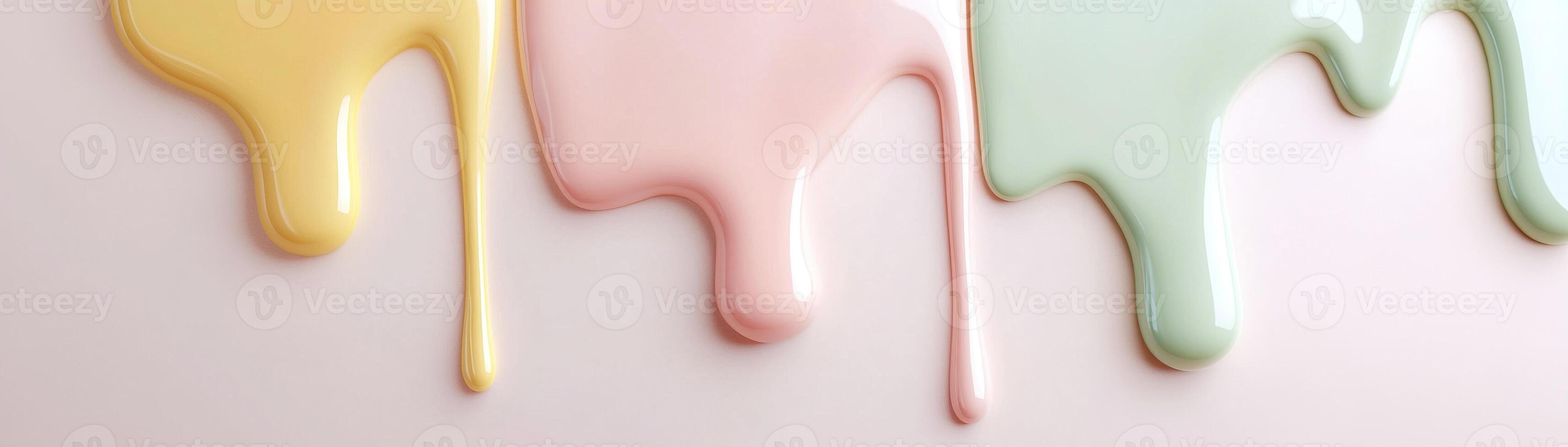 Glossy drips of pink, mint, and yellow ice cream flow down a smooth white surface, creating a modern and artistic feel with ample space for text overlay. The design features subtle shadows for depth photo