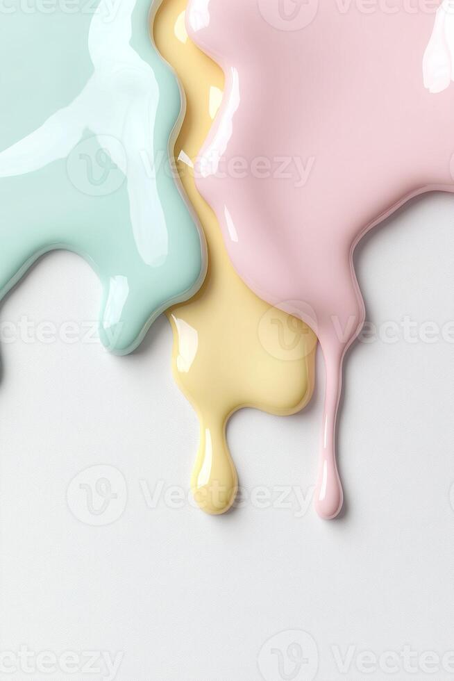 Abstract ice cream drips in glossy pink, mint, and yellow are artistically displayed running down a smooth white surface, creating a modern minimalist aesthetic perfect for creative projects photo