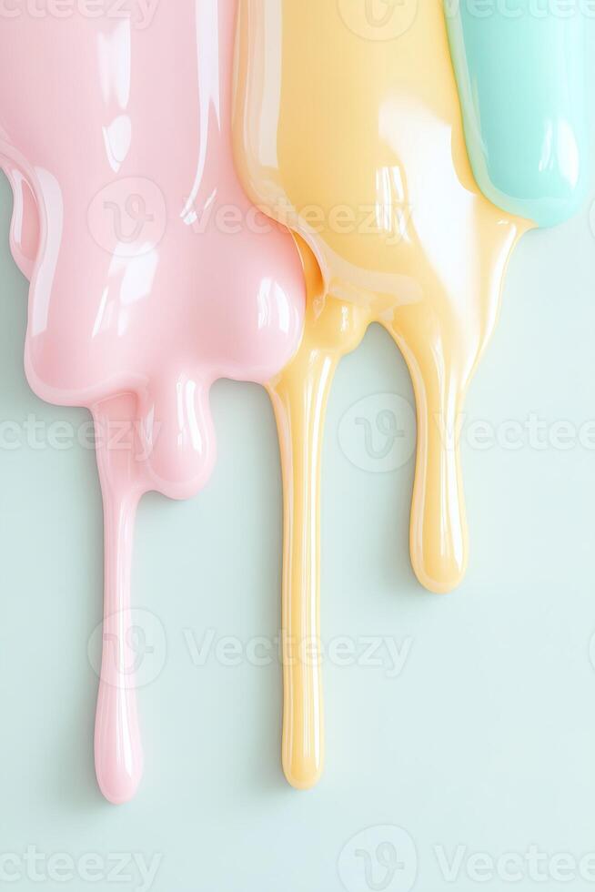 Glossy pastel ice cream drips in shades of pink, mint, and yellow cascade down a smooth white surface, creating a modern, artistic design with ample space for text photo