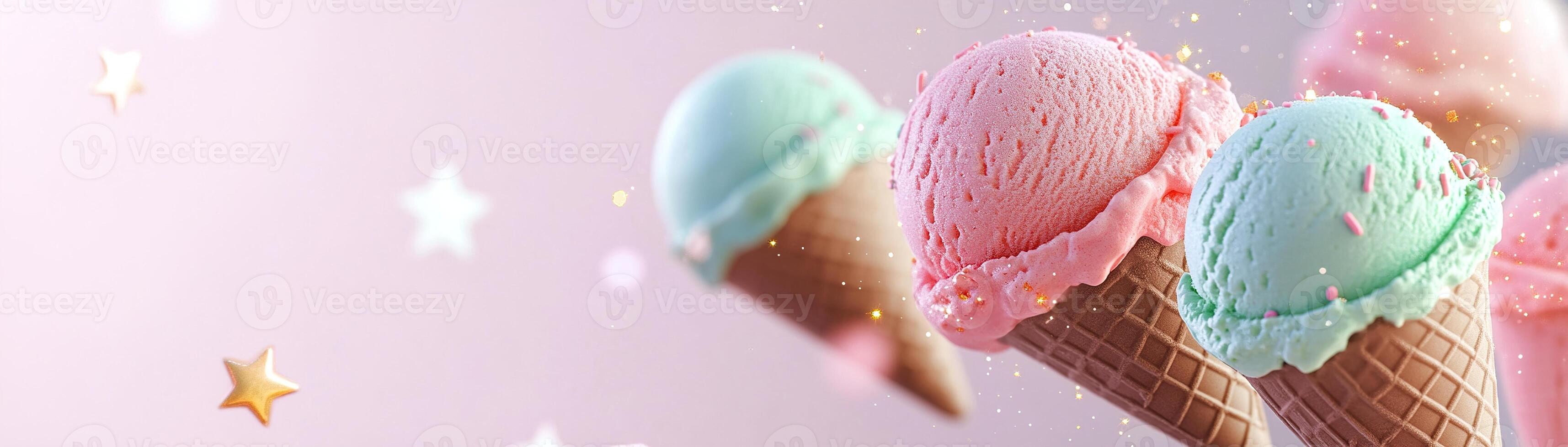 Playful composition showcases floating ice cream scoops in strawberry pink, mint green, and chocolate brown amidst glowing stars. The pastel backdrop enhances the fun and whimsical feel photo