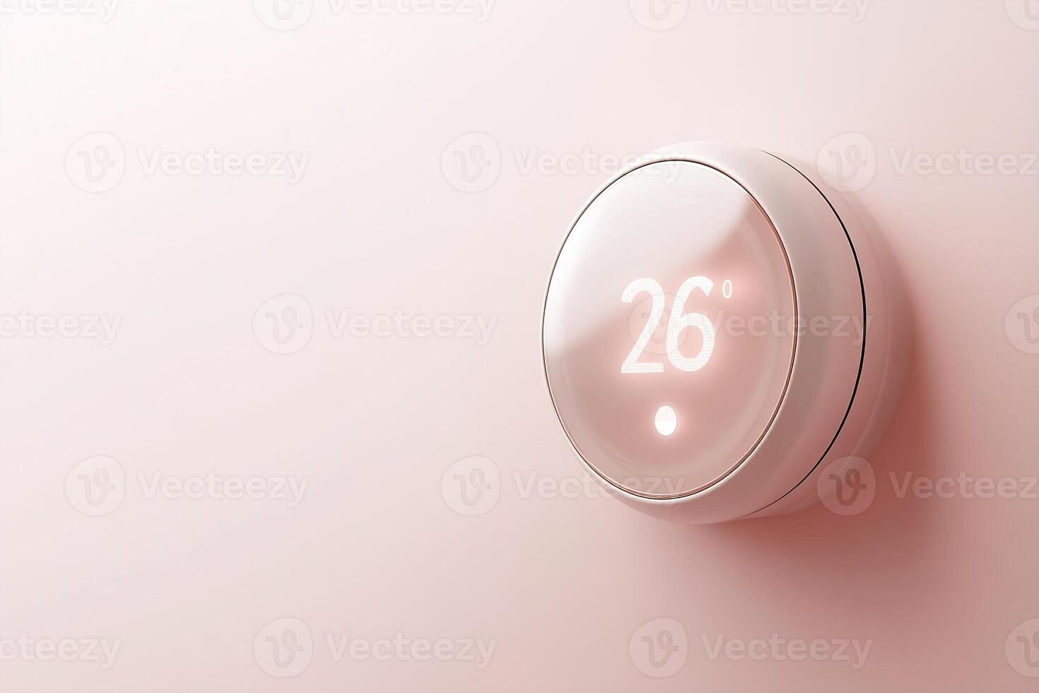 A sleek smart thermostat is mounted on a wall, showing a bright temperature reading of 26 degrees. It blends seamlessly into a warm background, offering a modern touch to home decor photo
